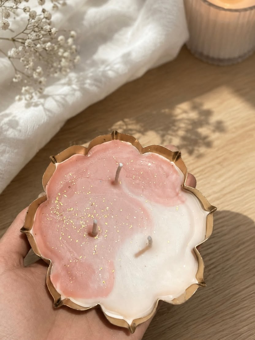 Blush Bloom Candle – triple-wick soy wax candle with pink ivory swirl and gold shimmer, by Lumina By Saima