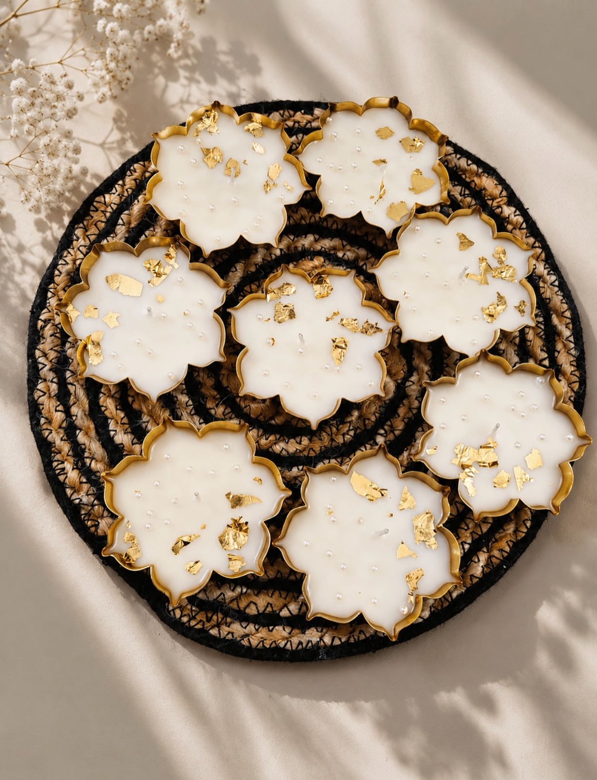 Gilded Petal Candle – floral-shaped soy wax with pearl and gold leaf accents, by Lumina By Saima