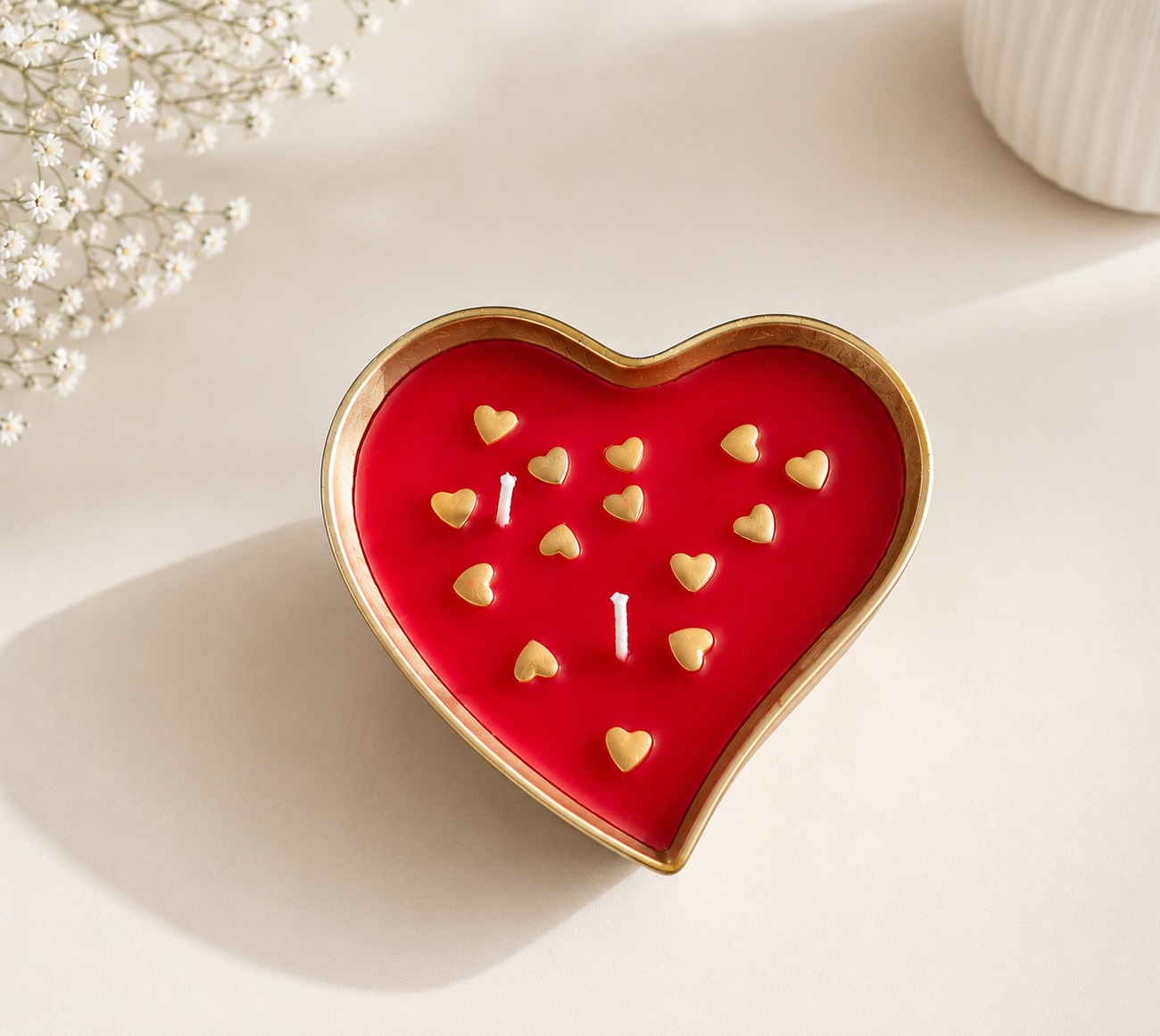Golden Hearts Candle – heart-shaped soy wax candle with gold accents in premium tray, by Lumina By Saima
