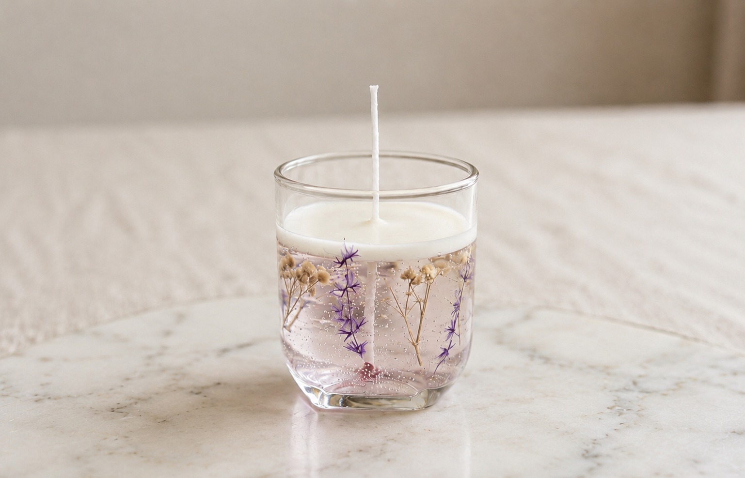 Lavender Bloom Gel Candle – dried lavender botanicals in crystal-clear gel wax, by Lumina By Saima