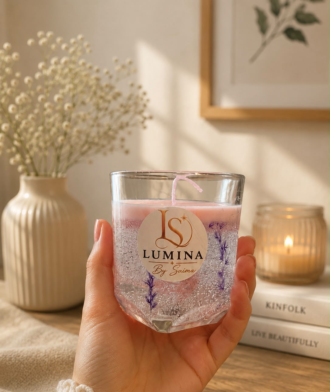 Lavender Frost Candle – gel wax candle with lavender blooms and blush-pink top, by Lumina By Saima