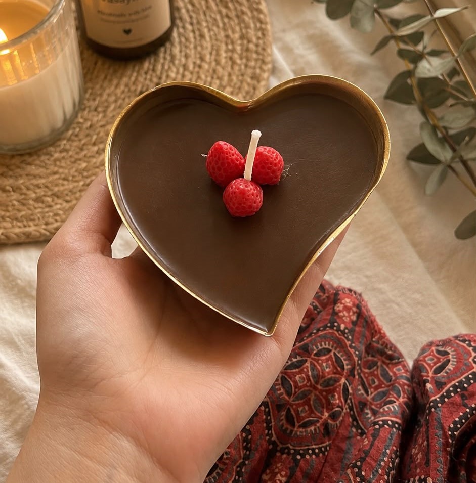 Strawberry and Chocolate Heart Candle – soy wax in gold-rimmed heart vessel with chocolate finish, by Lumina By Saima